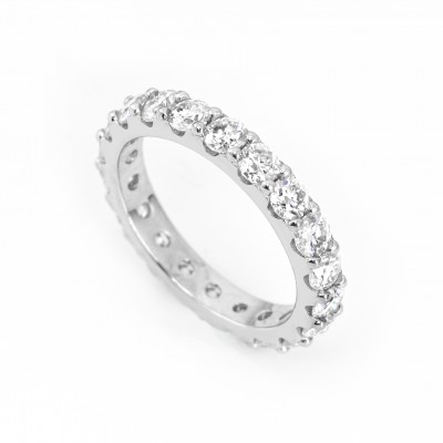 TwoBirch Platinum Plated Sterling Silver Double Shared Prong Round Cut Moissanite Eternity Ring (GRA CERTIFIED) (3 MM)