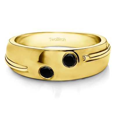 0.24 Ct. Black Stone Burnished Two Stone Men's Ribbed Shank Wedding Ring in Yellow Gold