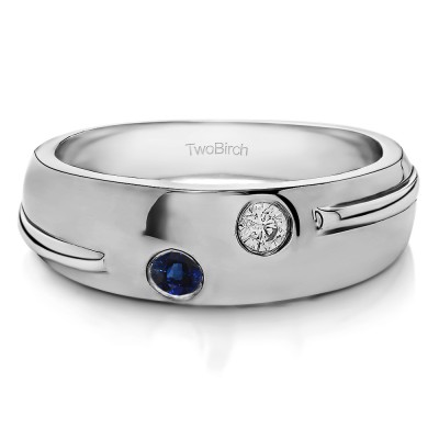 0.24 Ct. Sapphire and Diamond Burnished Two Stone Men's Ribbed Shank Wedding Ring