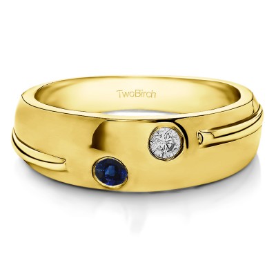 0.24 Ct. Sapphire and Diamond Burnished Two Stone Men's Ribbed Shank Wedding Ring in Yellow Gold