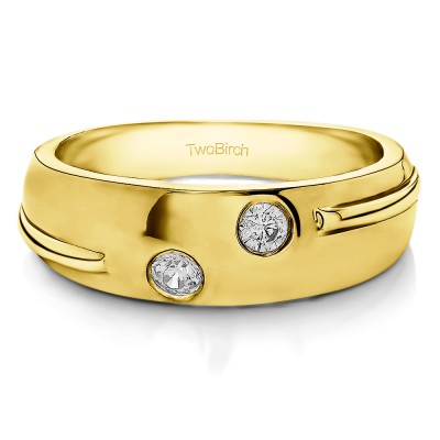 0.24 Ct. Burnished Two Stone Men's Ribbed Shank Wedding Ring in Yellow Gold