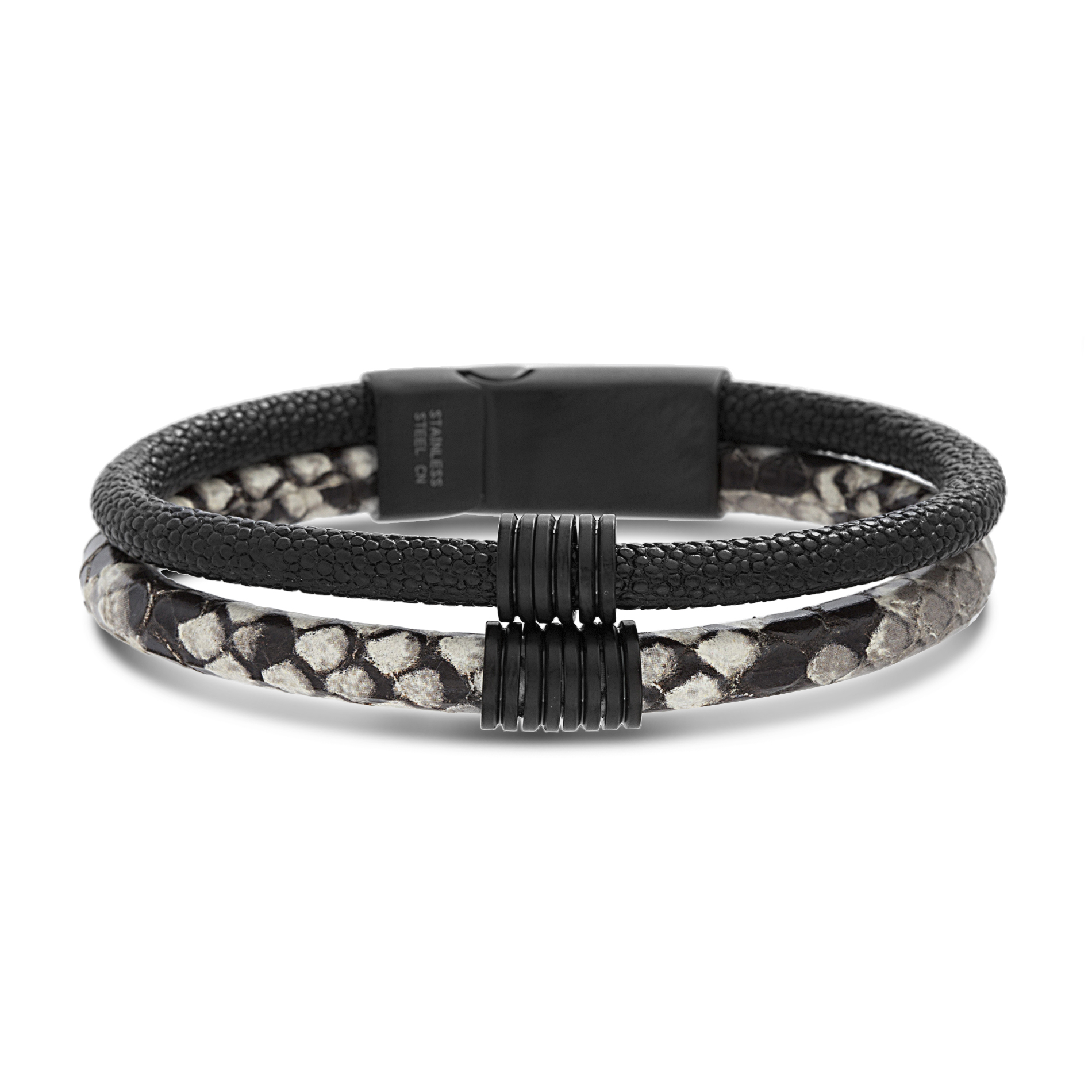 Engravable Thin Black Leather Bracelet with Black Clasp for Mens 8 Inches / Black