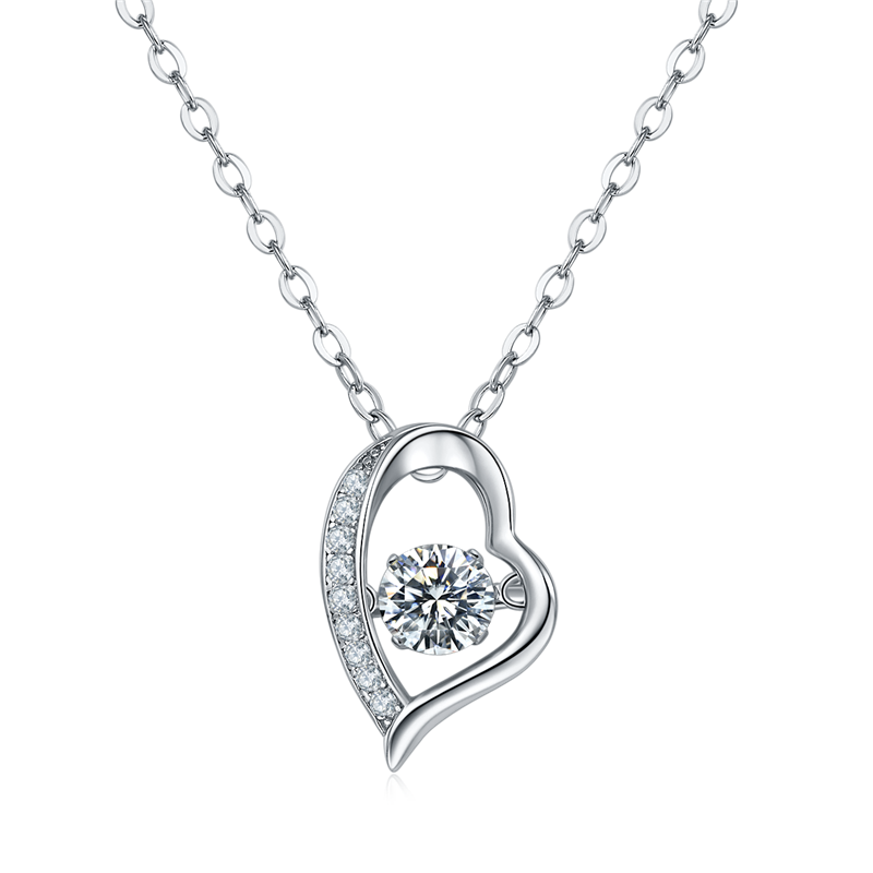 Platinum Plated Sterling Silver Moissanite Heart Pendant with Floating ...