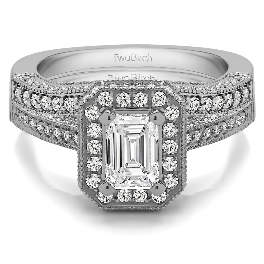 Emerald Cut Halo Filigree Vintage Engagement Ring Bridal Set (2